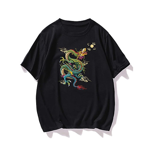 

Men's T shirt Hot Stamping Dragon Print Short Sleeve Casual Tops 100% Cotton Casual Fashion Black