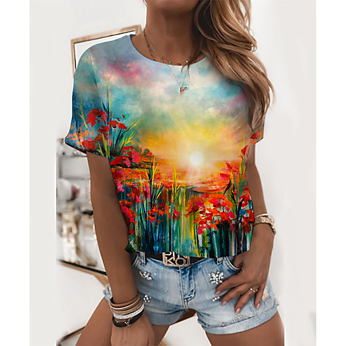 

Women's T shirt Graphic Floral Print Round Neck Tops Basic Basic Top Green