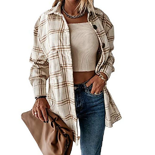 

Fall Buffalo Plaid Shirt Coats Womens Retro Flannel Lapel Tunic Button Up Overcoat Curved Hem Plus Size Coat for Christmas Dating Beige