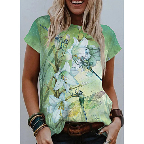 

Women's T shirt Graphic Floral Print Round Neck Tops Basic Basic Top Green