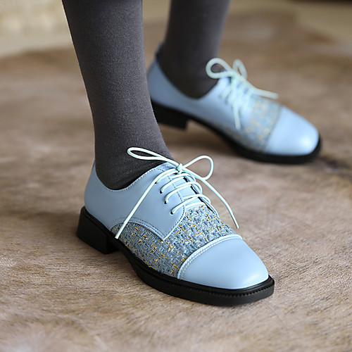 

Women's Oxfords Chunky Heel Square Toe Vintage Preppy Daily Party & Evening Linen PU Lace-up Color Block Black Beige Light Blue