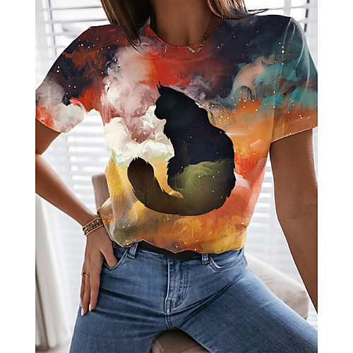 

Women's T shirt Cat Graphic 3D Print Round Neck Tops Basic Basic Top Red