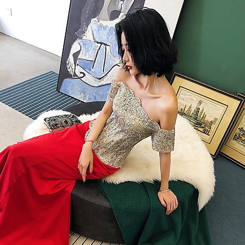 

Sheath / Column Beautiful Back Sexy Engagement Formal Evening Dress Off Shoulder Short Sleeve Sweep / Brush Train Stretch Satin with Crystals Appliques 2021