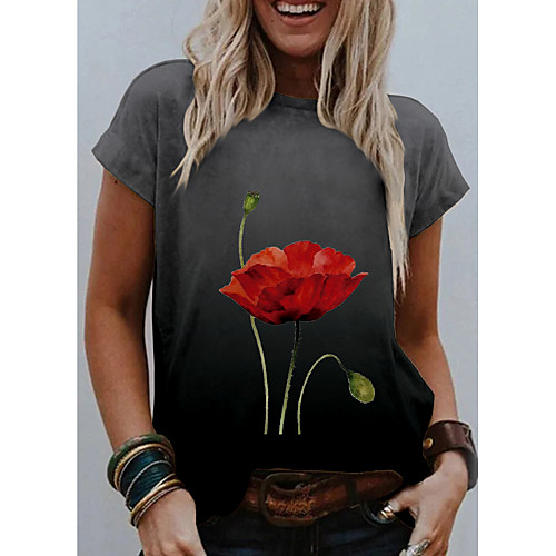

Women's T shirt Graphic 3D Flower Print Round Neck Tops Basic Basic Top Dark Gray