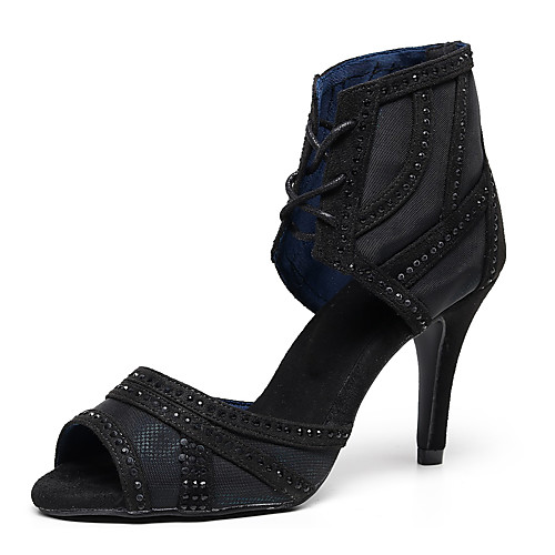 

Women's Latin Shoes Jazz Shoes Dance Boots Boots Crystal / Rhinestone Slim High Heel Black Black / Blue Lace-up