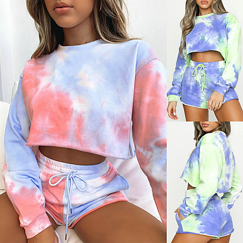 

Women's Sweatsuit 2 Piece Set Elastic Waistband Tie Dye Crop Top Crew Neck Sport Athleisure Clothing Suit Long Sleeve Breathable Soft Comfortable Everyday Use Casual Daily Outdoor
