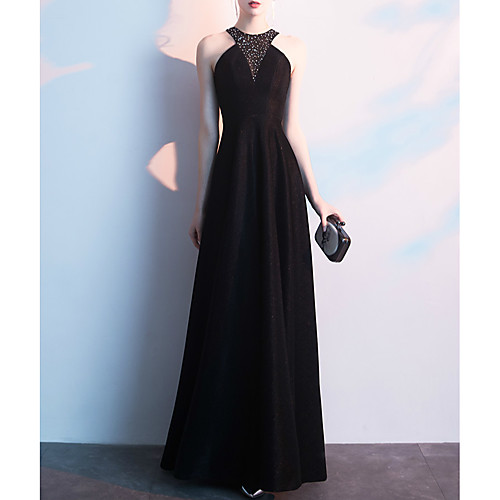 

A-Line Minimalist Elegant Party Wear Prom Dress Halter Neck Sleeveless Floor Length Satin with Crystals 2021