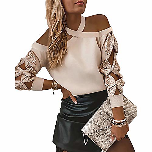 

Women Crew Neck Sweater Sequin Bowknot Cutout Long Hollowed Sleeve Soft Knit Pullovers (Pink Off Shoulder, S)