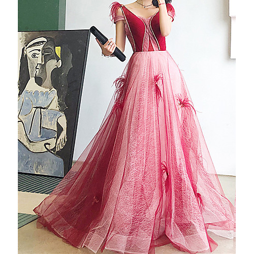 

A-Line Beautiful Back Elegant Engagement Formal Evening Dress V Neck Sleeveless Court Train Tulle with Pleats Ruched Beading 2021