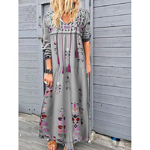 

Women's Swing Dress Maxi long Dress Blue Red Brown Gray 3/4 Length Sleeve Print Lace up Print Spring Summer Boho Holiday Loose 2021 S M L XL XXL 3XL 4XL 5XL