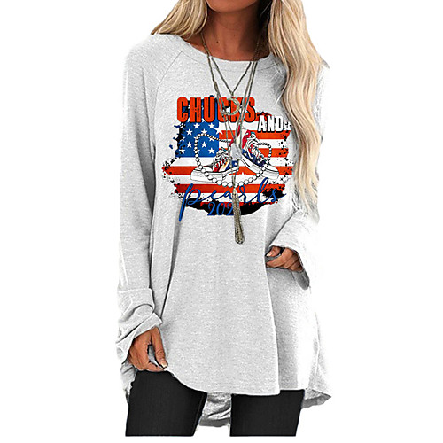 

Women's T Shirt Dress Tee Dress Short Mini Dress Gray Long Sleeve Color Block Flag Letter Print Fall Spring Round Neck Casual 2021 S M L XL XXL 3XL