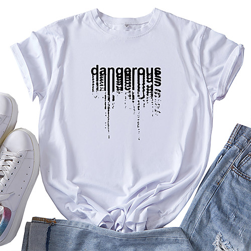 

Women's T shirt Graphic Text Letter Print Round Neck Tops 100% Cotton Basic Basic Top White Blue Red