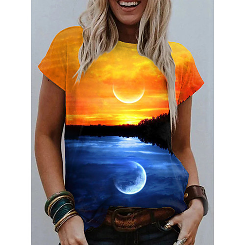 

Women's T shirt Graphic Scenery Print Round Neck Tops Basic Basic Top Blue