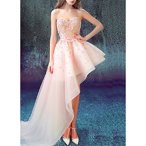 

A-Line Luxurious Floral Cocktail Party Prom Dress Strapless Sleeveless Asymmetrical Tulle with Sash / Ribbon Beading Appliques 2021