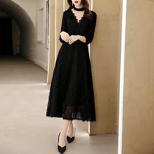 

A-Line Little Black Dress Minimalist Homecoming Cocktail Party Dress V Neck 3/4 Length Sleeve Tea Length Lace with Sash / Ribbon 2021