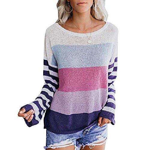 

Womens Casual Oversized Pullover Sweater Colorblock Rainbow Striped Long Sleeve Loose Knitted Shirts Tops(Purple,XXL)