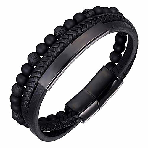

Mens Bead Leather Bracelet with Stainless Steel Magnetic Clasp, Natural Bead Bracelet for Men (Black)
