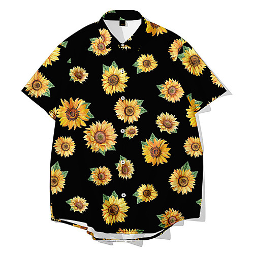 

Men's Shirt 3D Print Floral Daisy Button-Down 3D Print Short Sleeve Daily Tops Casual Fashion Hawaiian Black Yellow