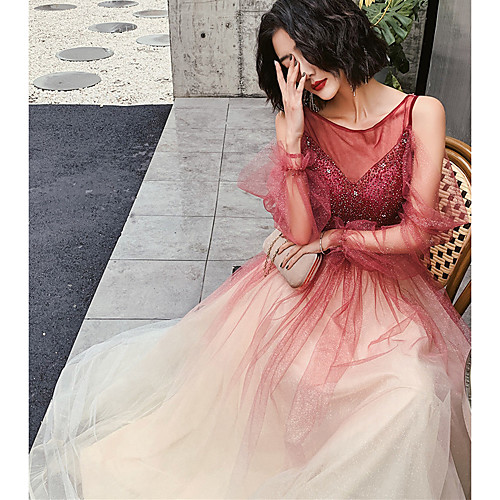 

A-Line Color Block Glittering Prom Formal Evening Dress Illusion Neck Long Sleeve Floor Length Tulle with Pleats Beading 2021