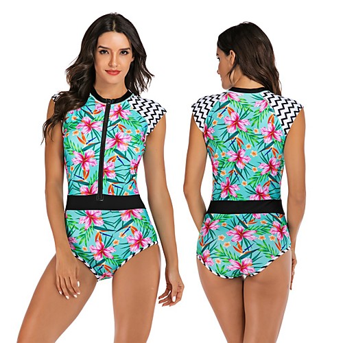 

Women's One Piece Swimsuit Swimwear Breathable Quick Dry Sleeveless Front Zip - Swimming Surfing Water Sports Painting Autumn / Fall Spring Summer
