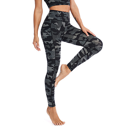 

Women's High Waist Yoga Pants Side Pockets Cropped Leggings Bottoms Tummy Control Butt Lift Breathable Camo / Camouflage Black Spandex Yoga Fitness Gym Workout Winter Sports Activewear Stretchy