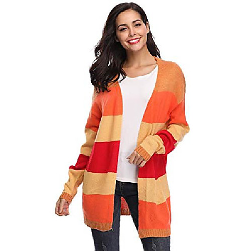 

Womens Long Sleeve Oversized Rainbow Open Front Striped Color Block Knit Sweater Cardigan Coat