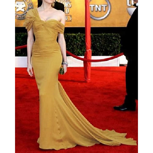 

Mermaid / Trumpet Celebrity Style Elegant Prom Formal Evening Dress One Shoulder Short Sleeve Sweep / Brush Train Chiffon with Ruched 2021