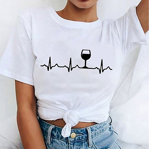 

Women's T shirt Letter Print Round Neck Tops 100% Cotton Basic Basic Top White Black