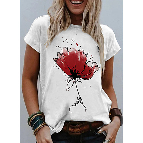 

Women's T shirt Graphic Flower Print Round Neck Tops Basic Basic Top White Blue Red