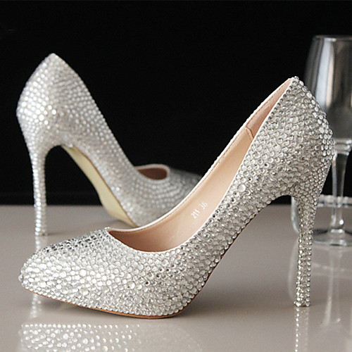 

Women's Wedding Shoes Stiletto Heel Pointed Toe Wedding Pumps Vintage Sexy Minimalism Wedding Party & Evening PU Rhinestone Crystal Sparkling Glitter Solid Colored Silver