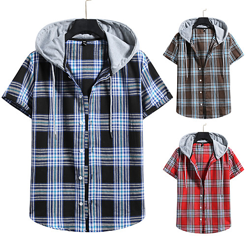

Men's Shirt non-printing Lattice Color Block Plus Size Drawstring Short Sleeve Daily Tops Vintage Streetwear Blue Red Coffee
