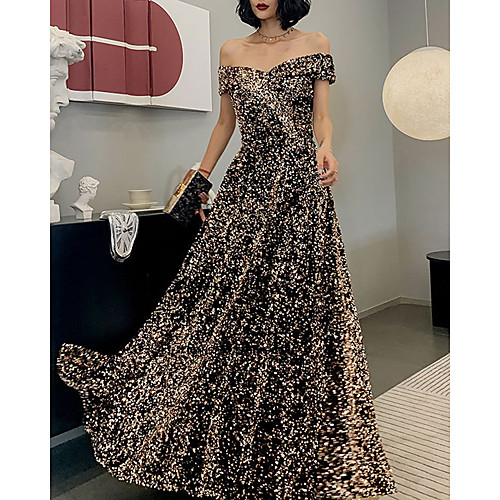 

A-Line Sparkle Sexy Prom Formal Evening Dress Off Shoulder Short Sleeve Floor Length Sequined with Sequin 2021