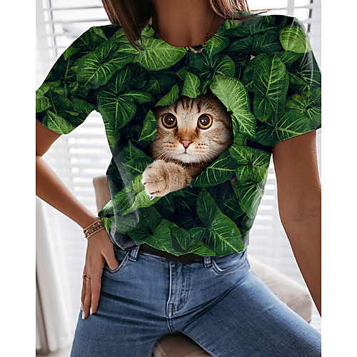 

Women's T shirt Cat Graphic 3D Print Round Neck Tops Basic Basic Top Green