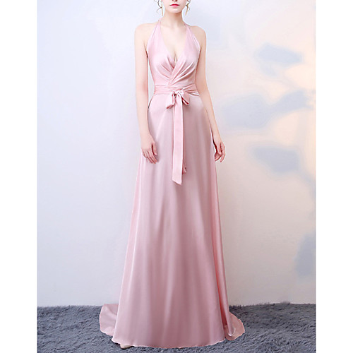 

A-Line Beautiful Back Sexy Wedding Guest Formal Evening Dress Halter Neck Sleeveless Sweep / Brush Train Satin with Bow(s) Ruched 2021