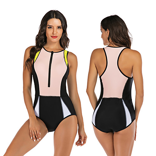 

Women's One Piece Swimsuit Swimwear Breathable Quick Dry Sleeveless Front Zip - Swimming Surfing Water Sports Patchwork Autumn / Fall Spring Summer