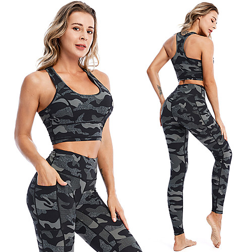 

Women's 2pcs Activewear Set Sports Bra with Tights Yoga Suit Racerback Wirefree Camo / Camouflage Black Spandex Yoga Fitness Gym Workout Clothing Suit Sport Activewear Tummy Control Butt Lift