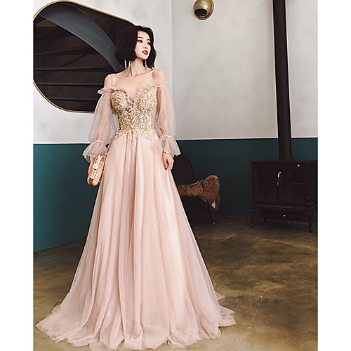 

A-Line Beautiful Back Floral Engagement Formal Evening Dress Spaghetti Strap Long Sleeve Sweep / Brush Train Tulle with Pleats Appliques 2021