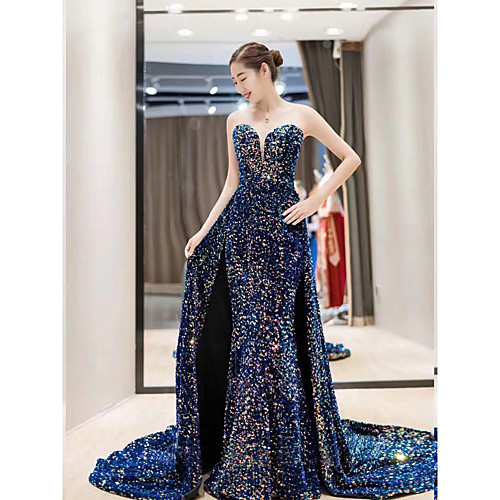 

Mermaid / Trumpet Luxurious Sparkle Engagement Formal Evening Dress Sweetheart Neckline Sleeveless Detachable Sequined with Sequin Overskirt 2021