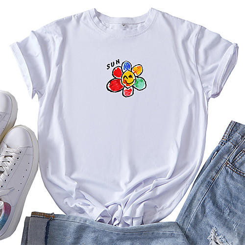 

Women's T shirt Graphic Text Flower Print Round Neck Tops 100% Cotton Basic Basic Top White Black Blue