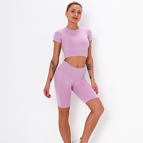 

Women's 2pcs Yoga Suit Solid Color rice white Black Purple Nylon Yoga Fitness Gym Workout Shorts Shirt Short Sleeve Sport Activewear Tummy Control Butt Lift Breathable Quick Dry High Elasticity Slim