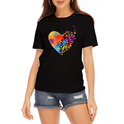 

Women's T shirt Graphic Heart Print Round Neck Tops 100% Cotton Basic Basic Top White Black