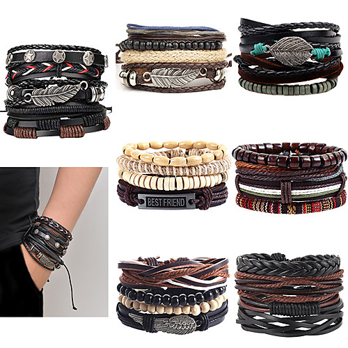 

Men's Turquoise Wrap Bracelet Leather Bracelet Stack Rope Plaited Wrap Leaf Evil Eye Boho Leather Bracelet Jewelry Black / Silver / Black / Red / Red / Orange For Party Gift Casual Daily Beach