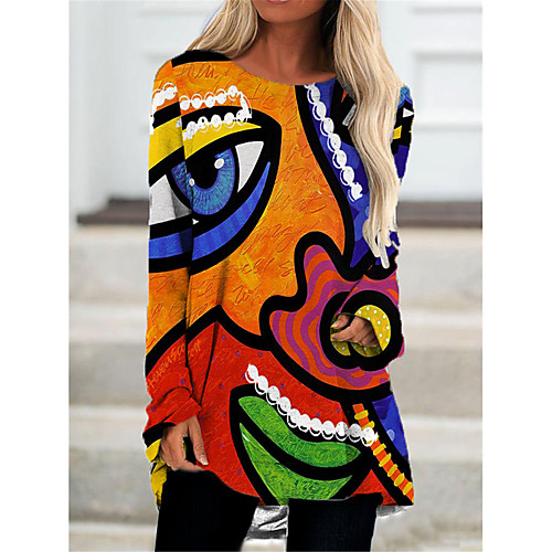 

Women's T Shirt Dress Tee Dress Short Mini Dress Blue Yellow Blushing Pink Rainbow Long Sleeve Color Block Geometric Print Fall Spring Round Neck Casual 2021 S M L XL XXL 3XL
