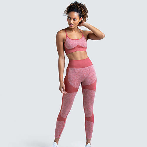 

Women's 2pcs Yoga Suit Jacquard Color Block Black Purple Yellow Nylon Yoga Fitness Gym Workout Sports Bra Cropped Leggings Sleeveless Sport Activewear Tummy Control Butt Lift Breathable Quick Dry