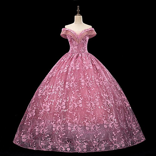 

Ball Gown Luxurious Floral Quinceanera Engagement Dress Off Shoulder Short Sleeve Floor Length Lace with Beading Embroidery 2021