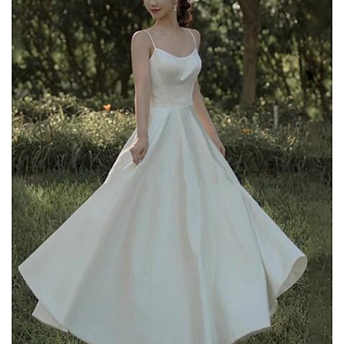 

A-Line Minimalist Elegant Engagement Prom Dress Spaghetti Strap Sleeveless Floor Length Italy Satin with Sleek Pleats 2021