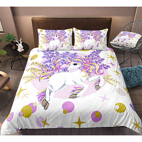 

Cartoon Unicorn 3-Piece Duvet Cover Set Hotel Bedding Sets Comforter Cover with Soft Lightweight Microfiber, Include 1 Duvet Cover, 2 Pillowcases for Double/Queen/King(1 Pillowcase for Twin/Single)
