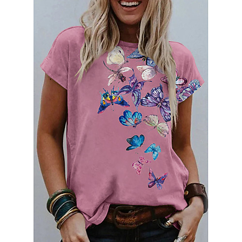 

Women's T shirt Graphic Butterfly Print Round Neck Tops Basic Basic Top White Black Blue
