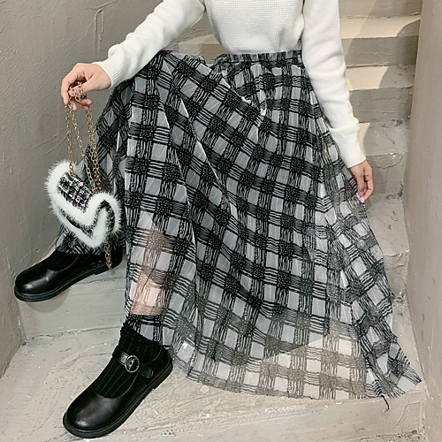 

Women's Daily Going out Elegant Vintage Skirts Plaid Layered Pleated Black Khaki Green