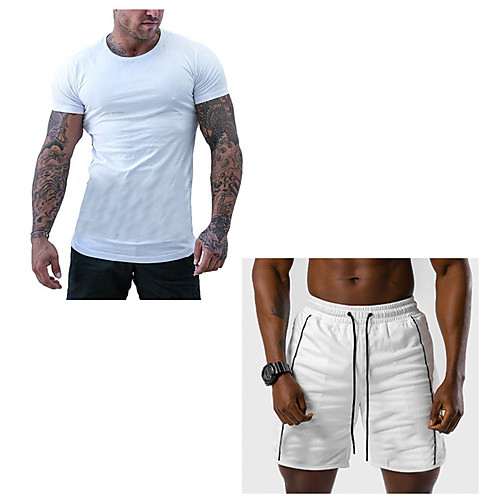 

Men's Activewear Set Athletic 2pcs Summer Short Sleeve Quick Dry Breathable Soft Fitness Gym Workout Running Jogging Sportswear Stripes Earth Yellow Red and White Black / Red White / Black Black